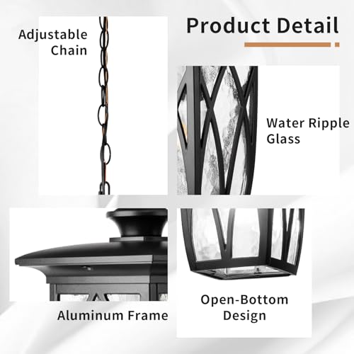 Image of 12'' Outdoor Pendant Light Fixture, Exterior Hanging Lantern, Modern Black Metal Outside Chandelier Light Fixture Ceiling Mount with Water Ripple Glass & Adjustable Chain for Porch, Gazebo, Front Door