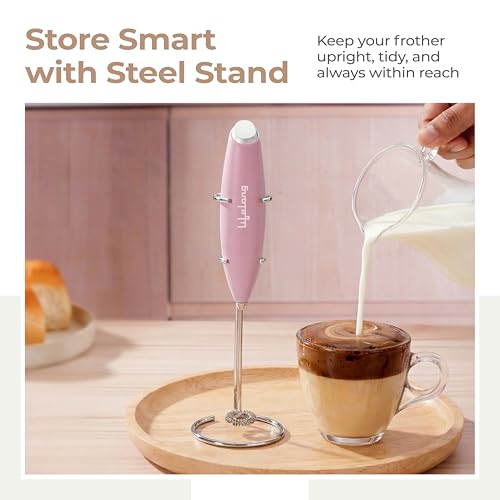 Image of Lifelong Handheld Milk & Coffee Frother with Stand | 2AA Battery-Operated, Stainless-Steel Whisk | Foamer for Coffee, Cream, Matcha, Egg Beater | Portable Kitchen Appliance for Whipping & Mixing(Pink)