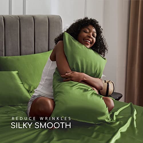 Image of MR&HM Satin Bed Sheets, Queen Size Sheets Set, 4 Pcs Silky Bedding Set with 15 Inches Deep Pocket for Mattress (Queen, Sage)