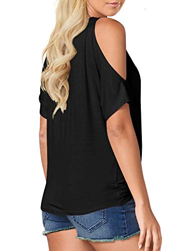 LEIYEE Womens Summer Cold Shoulder Tops Short Sleeve Front Twist Knot V Neck T Shirts Draped Blouses2