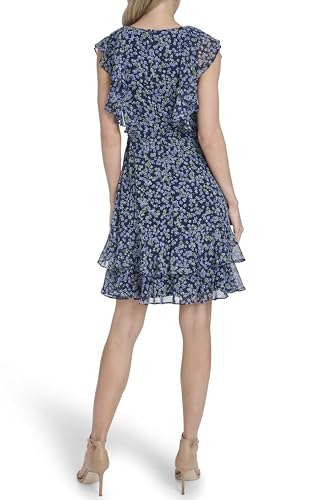 Image of Tommy Hilfiger Women's Sleeveless V-Neck Ruffle Trim Tie Waist Chiffon Mini Dress