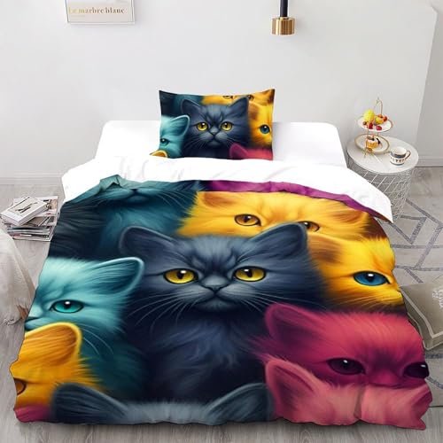 Housse de couette chatons colorés imprimé 3D microfibre animaux 135x200