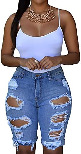 roswear Women's Ripped Denim Mid Rise Stretchy Bermuda Shorts Jeans Light Blue XL