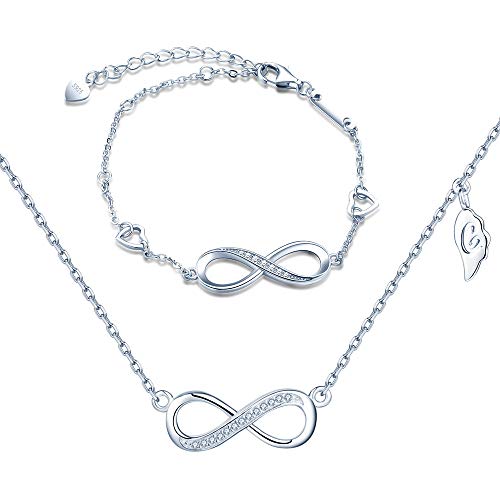 Collar y Pulsera de Plata 925 para Mujer, Collar de Pulsera con símbolo de Infinito, circonitas adornadas, Conjuntos de Joyas de corazón, Plata, Regalo de cumpleaños de Navidad