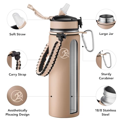 Image of GOSWAG 24oz Insulated Stainless Steel Travel Water Bottle, 2 Lids | with straw and no straw, Paracord handle, Double-wall vacuum keeps drinks cold or hot, Leakproof tumbler