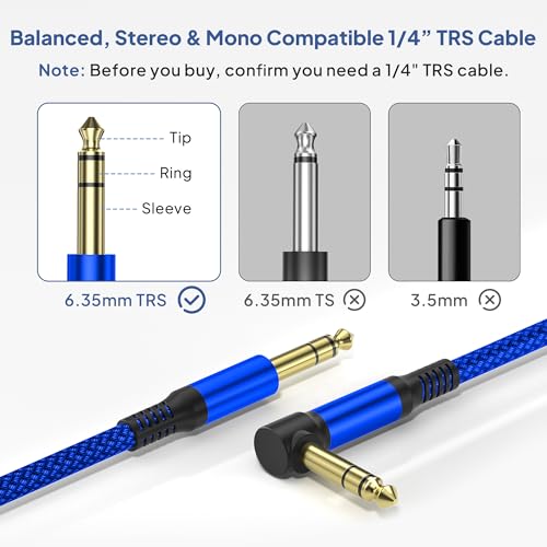 Elebase 1/4 Inch TRS Instrument Cable 10ft 2-Pack,Right-Angled to Straight 6.35mm Male Jack Stereo Audio Cord,6.35 Balanced Interconnect Line for Electric Guitar,Bass,Keyboard,Mixer,Amplifier,Speaker