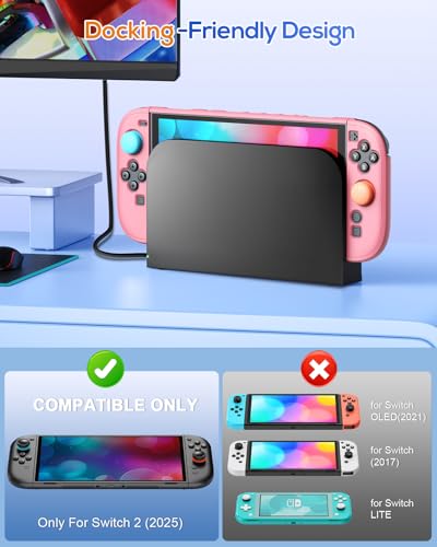 Image of FYOUNG Upgrade Switch 2 Protective Case&Screen Protector Set, Dockable Cute Cover Hard Shell Skin for Nintendo Switch 2 Console Accessories,Travel-Friendly,Kickstand Cutout(Pink, for Switch 2 7.9inch)