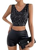 Floerns Women's PU Leather V Neck Sleeveless Solid Camisole Crop Tank Top Black Sequin M