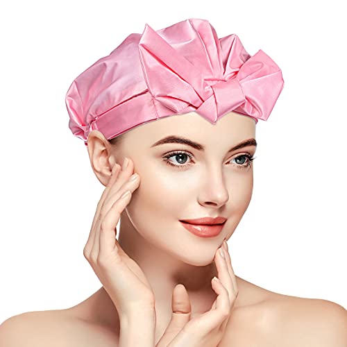 QWDLID Shower Cap, 3-Layers Bow-knot Shower Cap for Women, Adjustable & Reusable Silk Satin Lined Waterproof Shower Hair Bath Cap