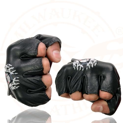 Image of Milwaukee Leather SH198 Men's Black Flame Embroidered Fingerless Gloves with Gel Palm | Padded Comfort; Vibration Relief; Flame Embroidery