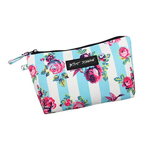 Betsey Johnson 8.5 Inch Zipper Cosmetic Pouch Small Toiletry Bag Lightweight Durable Polyester Organizer with Inner Zipped Pocket Good For Makeup Accessories and Travel Needs (Hummingbird Floral)
