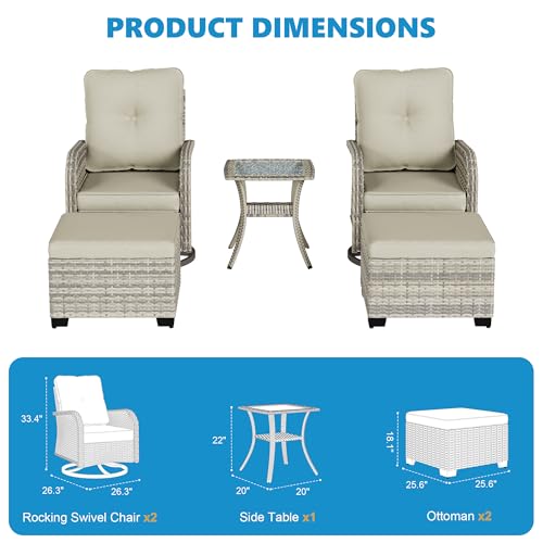 Image of 5-Piece Small Patio Furniture Set, Outdoor Swivel Rocking Chairs Set with Ottomans, Patio Bistro Set for Balcony, Deck, Porch,Ivory