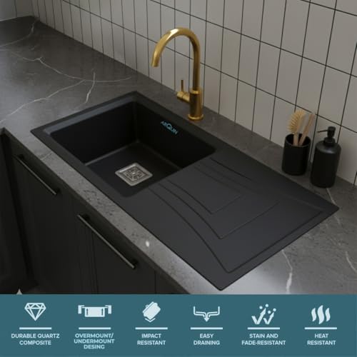 Image of ARQUIN Kitchen Sink 36x18x9 Inch Quartz Sink with Drain Board Black Granite sink for kitchen basin,UV Protected, Undermount | Topmount Including Coupling, Waste Pipe & Strainer Basket