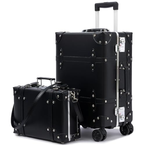 Image of Vintage PU Leather Luggage Set, Retro Trunk Suitcase with Wide Aluminum Frame, TSA Key Locks and Smooth 360 Spinner Wheels (Signature Black,20 inch+12 inch)