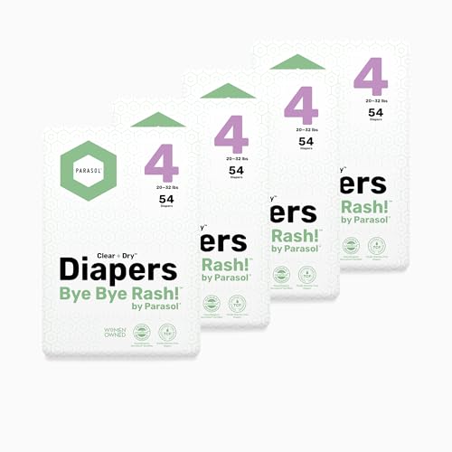 Image of Parasol Clear+Dry Disposable Diapers, RashShield Protection and Leak-Control Fit, Hypoallergenic Diapers, Size 4 (20-32 lbs), 216 Count