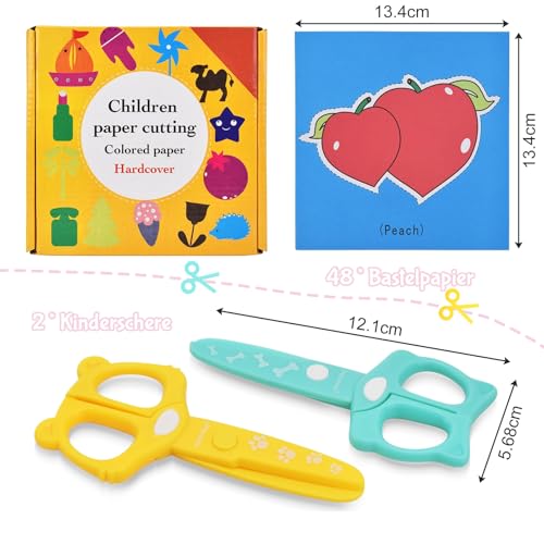 GutSache 2 Stück Kinderschere + 48 Blatt buntes Bastelpapier Für Kinder ab 2 Jahren | Bastelset für Kindergarten, Vorschule & zu Hause | Ideal als Gastgeschenk Mitgebsel