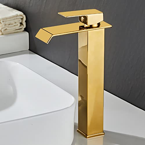 Robinet cascade doré pour vasque haute de salle de bain avec poignée eau chaude et froide