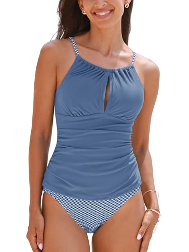 CUPSHE Women's Tankini Sets Two Piece Swimsuit High Neck High Waist Front Keyhole Bathing Suit Hollow O Ring