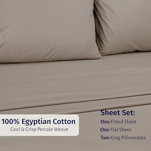 Image of California Design Den Egyptian Percale Sheets King Size Set - Certified 100% Egyptian Cotton, Lightweight Percale King Size Sheet Set with Deep Pockets, Crisp & Durable Bedding Set - Mushroom Taupe