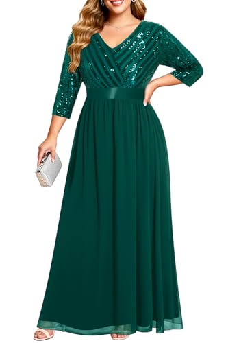 Talisea Emerald Green Plus Size Formal Dresses Sequin Long Sleeve Wedding Guest Evening Prom Gowns Elegant Holiday Party