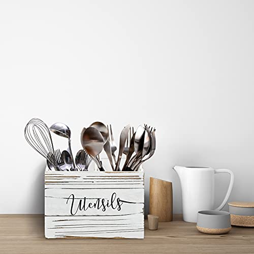 Kitchen Utensil Holder with 2 Compartments, Farmhouse Kitchen Decor Utensil Holder, Rustic Flatware Silverware Utensil Caddy,Kitchen Countertop Organizer and Storage for Silverware Fork Spoon Spatula - Image 5