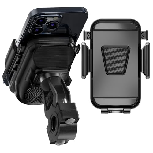 Lurious Wireless Induction Speaker, Phone Holder with Bluetooth Speaker Amplifier for Bike Scooter, 360° Rotating, IP65 Water Resistant, 4.7-7.4' Phones Stand Mount, Handle Bar Install