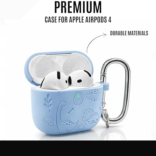 Image of Emoh Roced Case for Airpod 4 with Keychain,Silicone Dinosaur Engraved Cases Compatible with Apple AirPods 4th Generation 2024, Anti-Scratch, Protective Case Cover (Sky Blue, for AirPods 4)