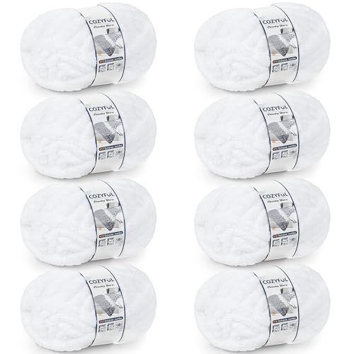 Cozyful Chunky Yarn for Hand Knitting - #10 Chunky Chenille Yarn Jumbo Big Thick Chunky Yarns for Crocheting Super Bulky Chunky Knit Blanket Yarns 8 Skein (22 yds 8 oz Each Skein) Pure White