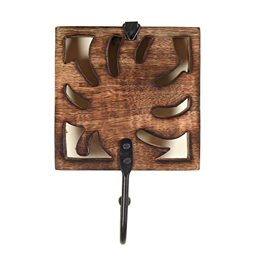 Image of AAKRITI ART CREATIONS Autumn Leaf Towel Hanger with Single Hook | Rustic Wood Wall Organizer with 2 Hooks | Storage Hook for Towels, Cloths, Napkins | Multifunctional Wall Decor Item