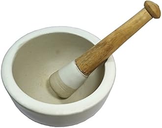 Porcelain Mortar & Pestle, Ukhali Masher Set, 5 inches, White.