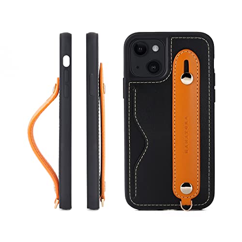iPhone13 mini ケース 本革 グリップケース レザー ストラップ付属 イタリア製牛革 ヌメ革 片手操作 カード収納 スタンド機能 メンズ レディース ブラック/オレンジ CGH-13Mini-Black-OG