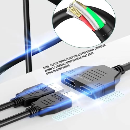 Image of BLACK CROWN HDMI Cable Splitter, HDMI 1x2 Splitter Cable, HDMI Cable Splitter 1 in 2 Out HDMI Splitter Adapter, HDMI Male to Dual HDMI Female 1 to 2 Way for HDMI HD, LED, LCD, TV. Black (Pack of 1)