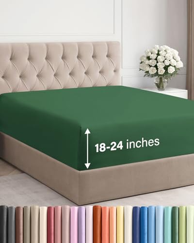 Image of Extra Deep Cal King Fitted Sheet - Single Fitted Sheet Only - Emerald Green | Easily Fits 18 inch to 24 inch Mattress, Soft, Wrinkle Free, Breathable & Comfy, Extra Deep Pockets Hotel Luxury Fitted Sheet