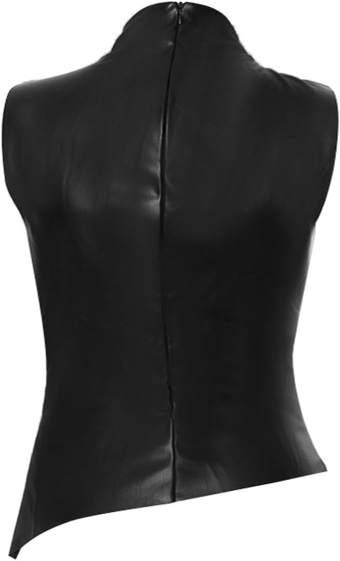 Women's Soft Leather Tank Crop Top Vest Sleeveless Asymmetrical Ruched Sexy Mock Neck Pleated T-Shirt - Image 4