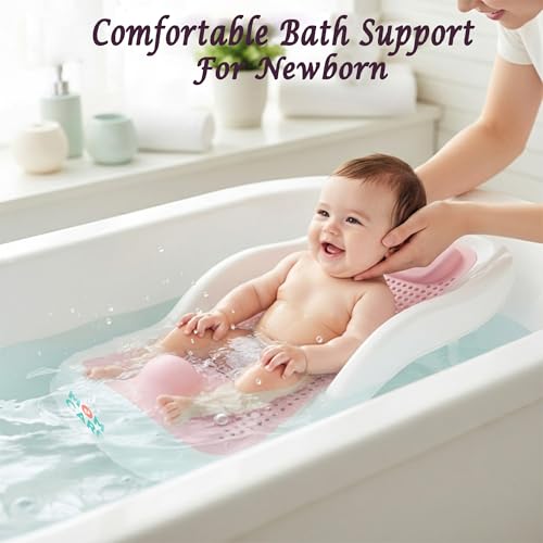 Image of MOM CARE Foldable Baby Bath Support Seat for Newborn (0-6 Months) | Anti-Slip Silicone Baby Bather | Ergonomic Infant Bath Seat for Sink, Tub & Floor | Portable Newborn Bath Support Chair | Pink