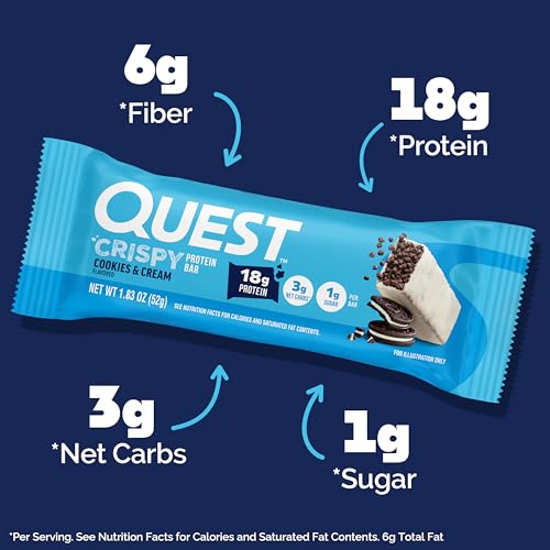 Image of Quest Nutrition Crispy Cookies & Cream Hero Protein Bar, 18g Protein, 1g Sugar, 3g Net Carb, Gluten Free, Protein Snack, Keto Friendly, 4 Count