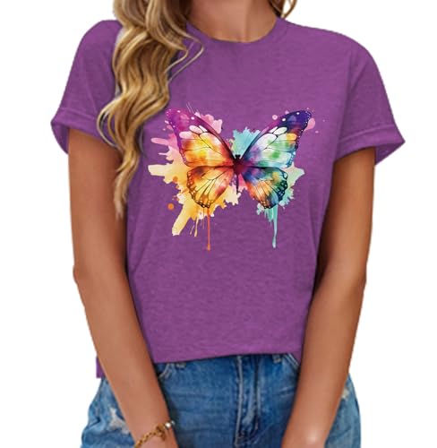 Image of Cat Shirts for Women Butterfly Graphic Tops Dandelion T Shirt Womens Vacation T-Shirt Nature Lover Tee