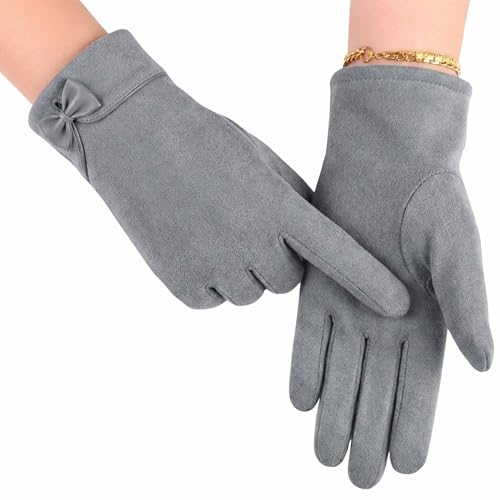 Image of Kraptick Women's Winter Thermal Gloves - Elegant Suede Fleece Lined Warm Full Finger Hand Gloves with Bow Knot - Windproof Soft Driving Mittens for Ladies & Girls (Free Size, Purple)-8