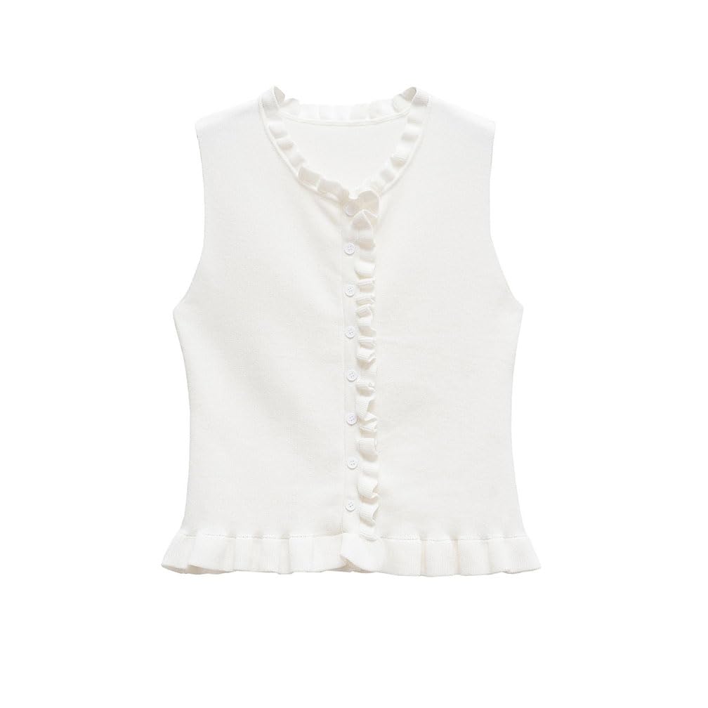 Women Ruffle Trim Button Down Knit Crop Vest Casual Skinny Solid Sleeveless V Neck Button Front Cropped Sweater