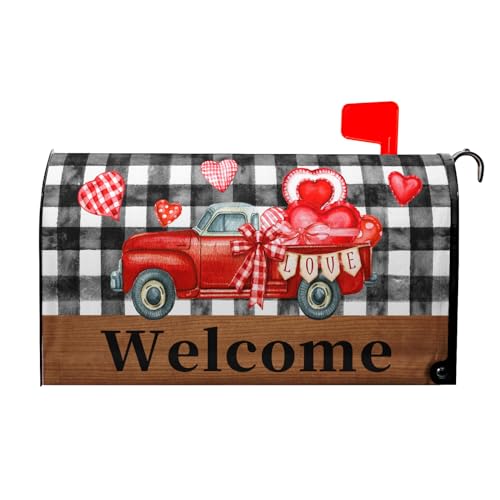Image of Valentine's Day Mailbox Covers Magnetic Black and White Buffalo Plaid Heart Mailbox Cover Standard Size 25.5 x 21 Holiday Welcome Mailbox Wrap Post Letter Box Cover Decorative for Home Outdoor Garden