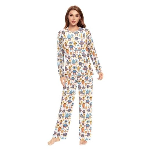 Conjunto de pijama blanco de 2 piezas con diseño de robots de bloques de construcción de dibujos animados para mujer, pantalones de descanso ligeros para hombre, Bloques de construcción de dibujos