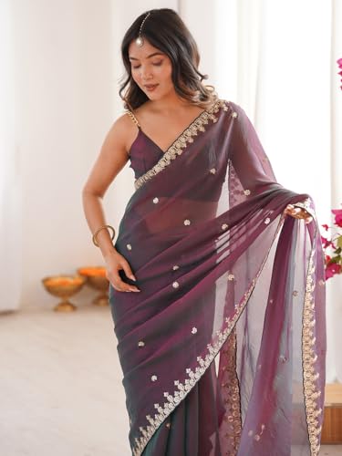 Image of AKHILAM Women's Shimmer Chiffon Sequence Embroidery Saree With Unstitched Blouse Piece(AARYAN21601 KR Parent)
