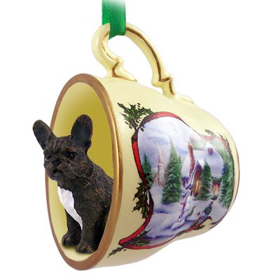 French Bulldog Dogs in Holiday Scene Teacup Christmas Ornament