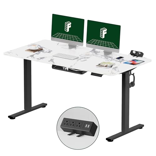 FLEXISPOT EN2 Whole-Piece Standing Desk with Clamp Power Strip, 55 x 28 Electric Stand Up Height Adjustable Desk with Cable Management (Black Frame + 55" Marble Grey Top, 2 Packages)