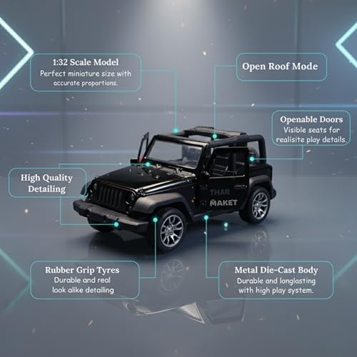 Image of MAKET Mahindra Thar 4x4 Toy Car - 1:32 Scale Die-Cast Metal SUV Model | Collectible Jeep Toy with Pull Back Action, Openable Doors & Rubber Tyres | Kids & Car Lovers (Black & Red Combo)