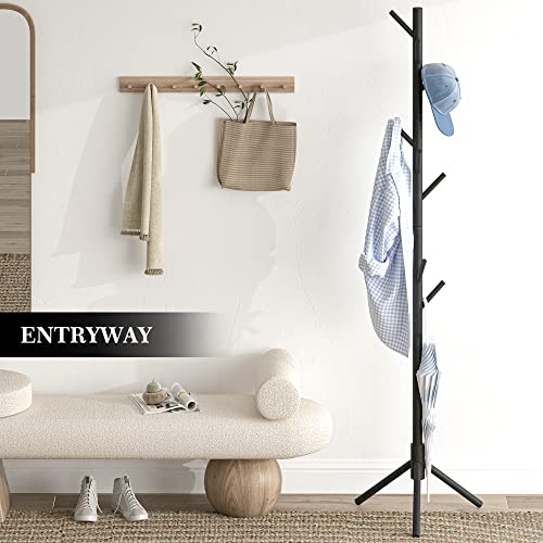 Nicqliear Wooden Freestanding Coat Rack With 9 Hooks, Adjustable Coat Rack Stand 69.3" To Hang Clothes/Bags/Hats, Standing Coat Tree Perfect For Bedroom/Entryway/Hallway, Easy Assembly, Black #TOP4