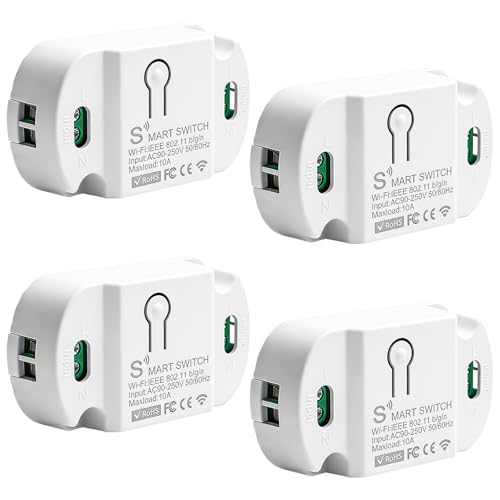 Behogan 4 Stück Smart Lichtschalter Modul 1 Wege, 10A Intelligenter WLAN Schalter, WLAN Smart Schalter Modul, Mini Smar t Home Sprachsteuerung/Timer, Kompatibel Alexa/Google Home