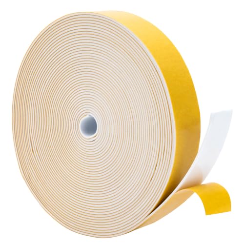 Image of Yotache White Foam Strips Adhesive 1 inch x1 /16, 33 Feet Long | Close Cell Foam Rubber, Weather Stripping Tape Seal, For Doors Insulation