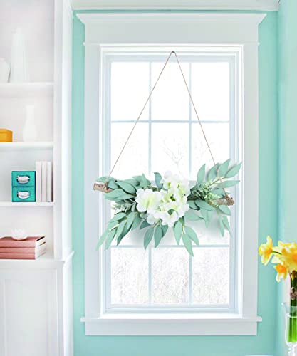 Artificial Hydrangea Swag,Wall Hanging Decor With White Hydrangea Flowers And Willow Leaves Decorative Log Branch Hanging Hoop For Bedroom Living Room Bathroom Wall Decor #TOP4