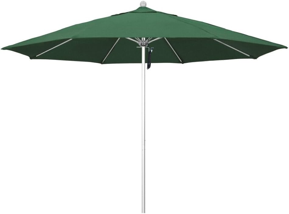 California Umbrella 11' Rd. Venture Series Contract Grade Patio Umbrella, Pulley Open, Silver Finish, Hunter Green Olefin